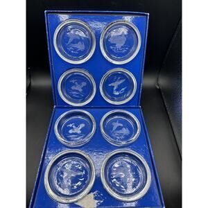 Rare L.E. Smith Glass Company 8 Glass Bird In Flight Etched Glass Coaster Set-3O
